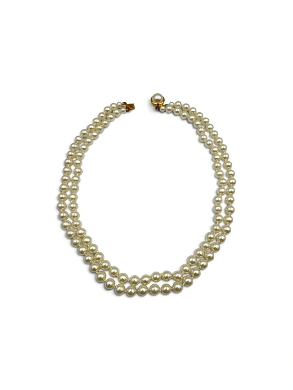 Vintage Double Strand Warm Cream Glass Shell Imitation Pearl Necklace 19”